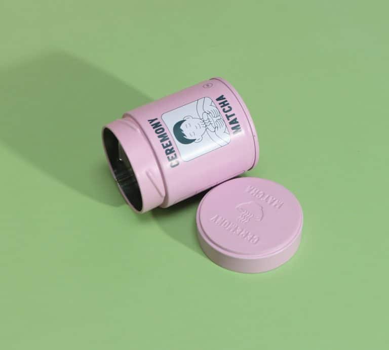 debossed pink matcha tin